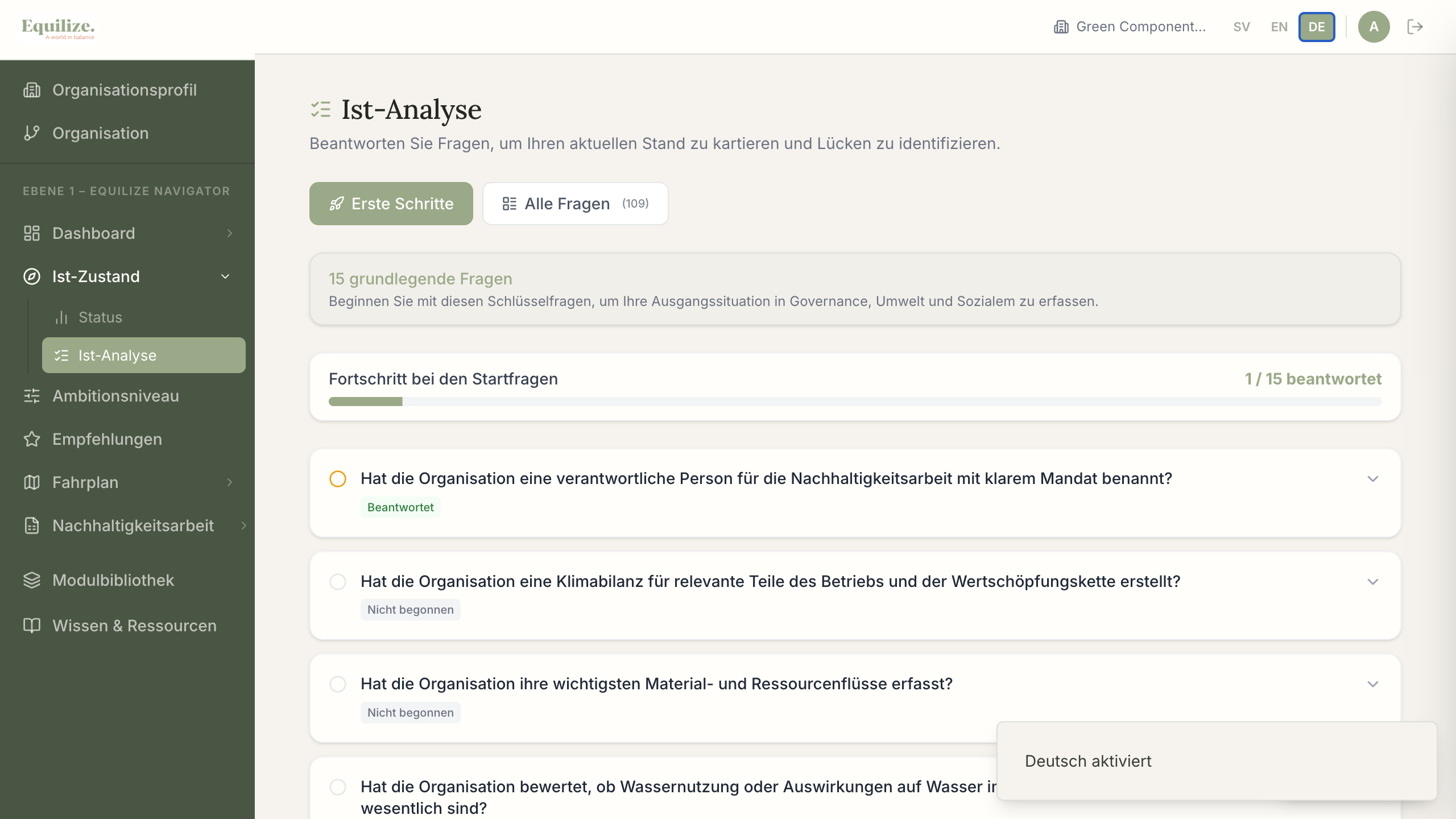 Equilize Navigator Arbeitsbereich für Dokumente und Nachweise