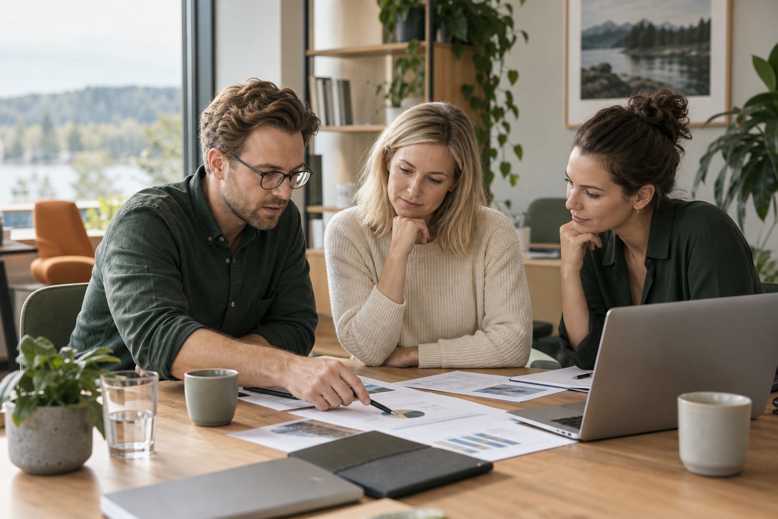 Illustration: Ein Team prüft Entscheidungsgrundlagen und plant gemeinsam die Unternehmensentwicklung.