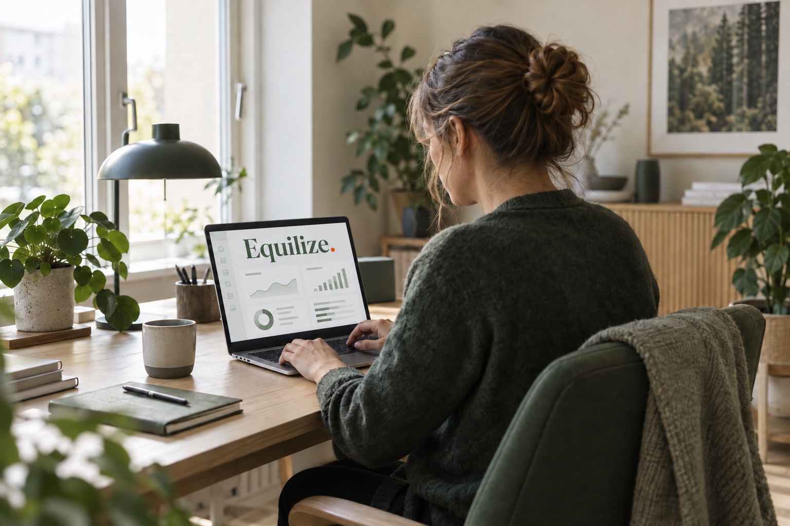 KI-Illustration: Eine Person arbeitet an einem Computer mit der Marke Equilize. Die Bildschirmansicht ist ein Konzept.